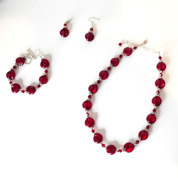 Stunning Ruby Red Necklace Set / Murano Glass/Sterling Silver/ Swarovski Set - Picture 1 of 10